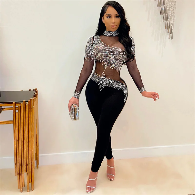 Fashion Diamante Decoration See-through Mesh Jumpsuit Slim Fit Women Stand-up Collar Long Sleeve Rompers Female Sexy Nightclub