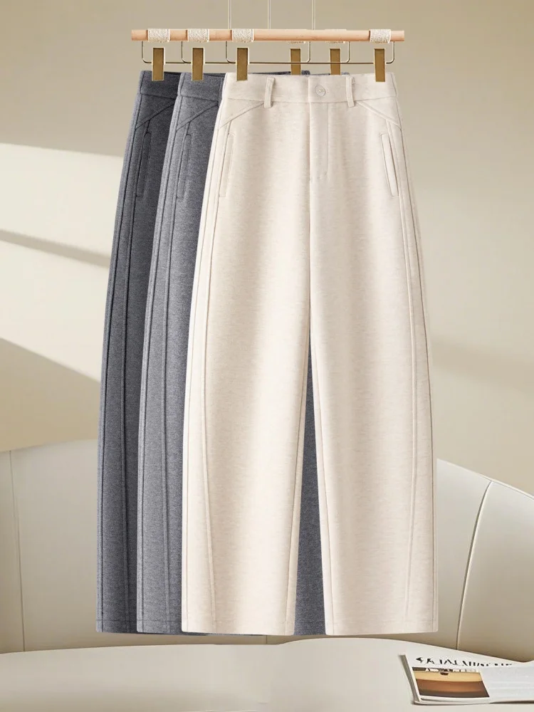 Calças Casuais de Perna Larga com Forro de Fleece para Mulheres, Cintura Alta, Corte Reto, Estilo Coreano, Detalhe Elegante