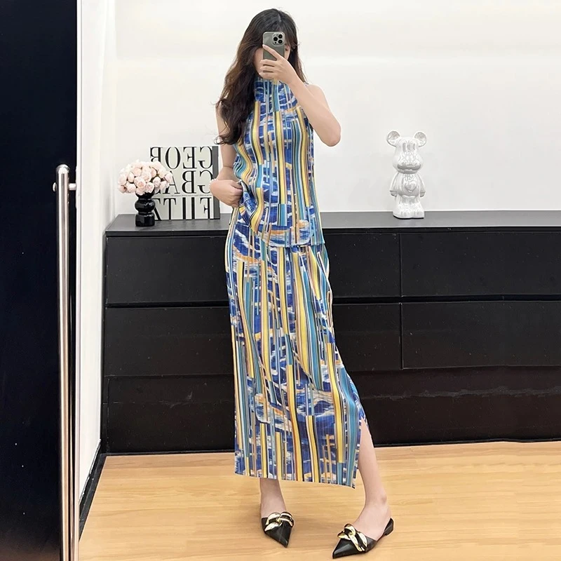

Pleated Two-piece Elasticated Top and Straight Skirt Fashion Two-piece Set Miyake 2025 Summer Sleeveless Print Design Women's