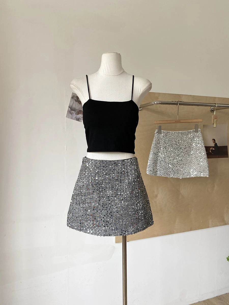 Fashionable Glittery Heavy Embellishment A-Line  Skirt Women's High Waist Slim Fit Tweed Short Skirts Commute Style