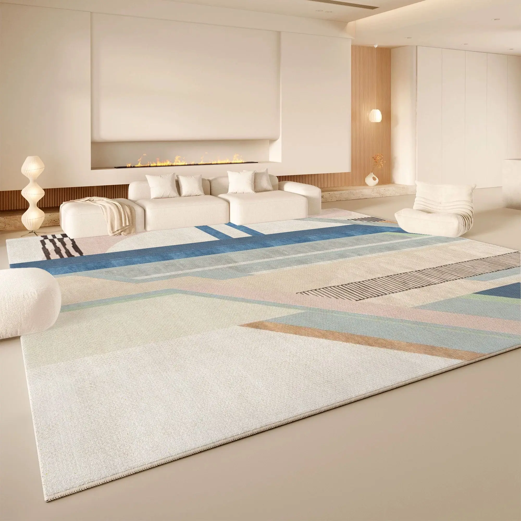 Blue Geometric Color Block Area Rug Non Slip Washable Large Living Room Carpet Modern Abstract Neutral Sofa Floor Decor Rug