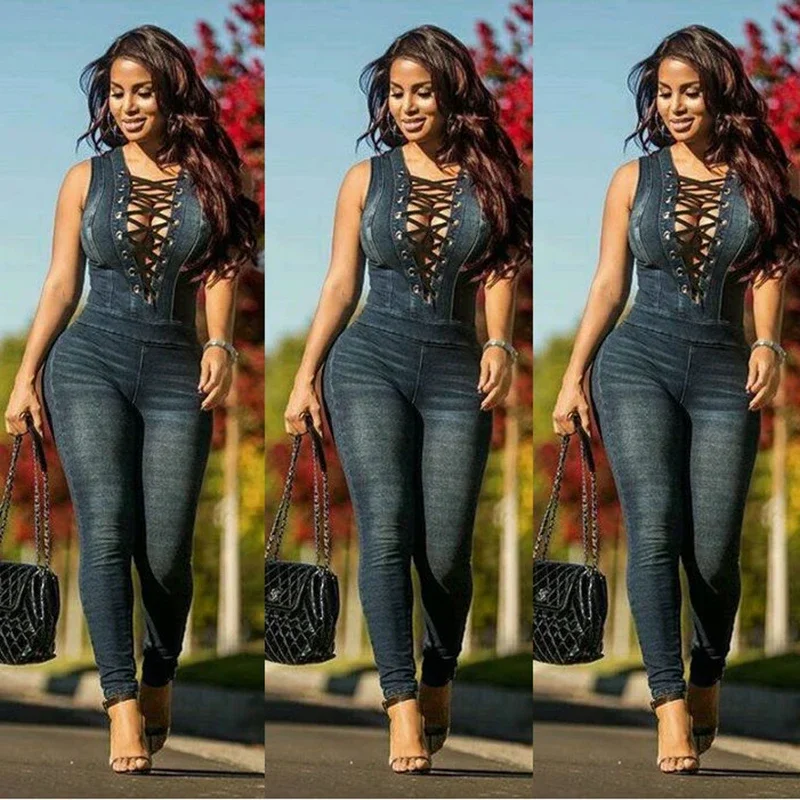 sexy Denim Rompers Overalls Women jeans New Skinny Jeans Sexy Blue Lace-up hollow Sleeveless bodycon Jumpsuits Bodysuit 2024