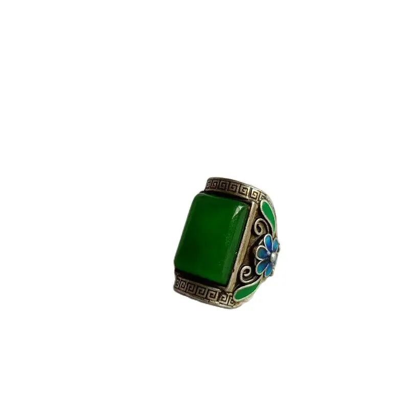 

Exquisite Old Chinese Enamel tibet silver inlay green jade handmade Ring 9205