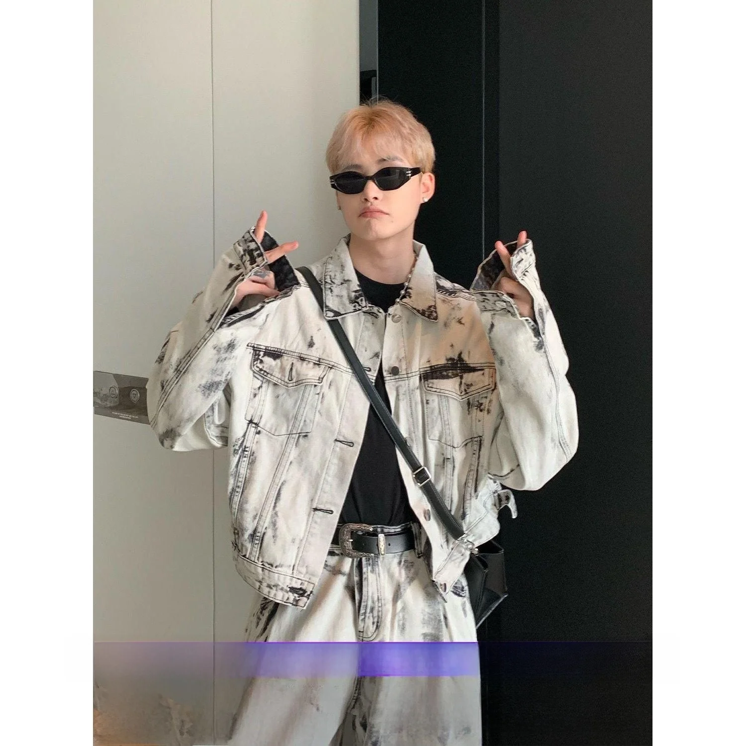 

Cuibuju Denim Jaet And Pants Set Loose Straight Leg Wide Leg Long Pants Trendy Tie Dye Vintage Feel Youth Casual Outfit