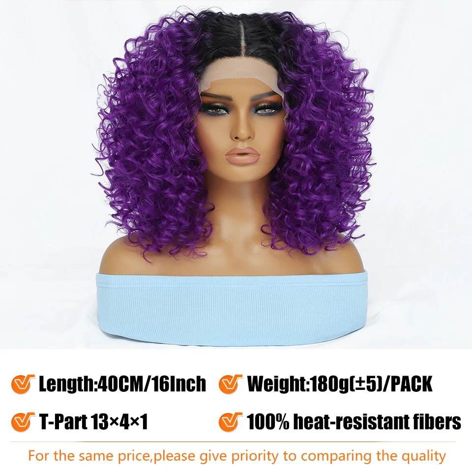 16 "Kinky Curly syntetyczna koronka przodu peruka czarne blond peruki dla kobiet kobieta imbir fioletowy żaroodporne włosy naturalne