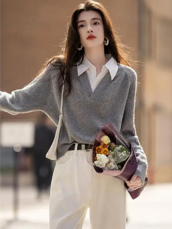 

Трикотажный топ с воротником-стойкой и эффектом двухслойности для женщин, осенне-зимний, свободного кроя, средней мягкости, удлиненный рукав