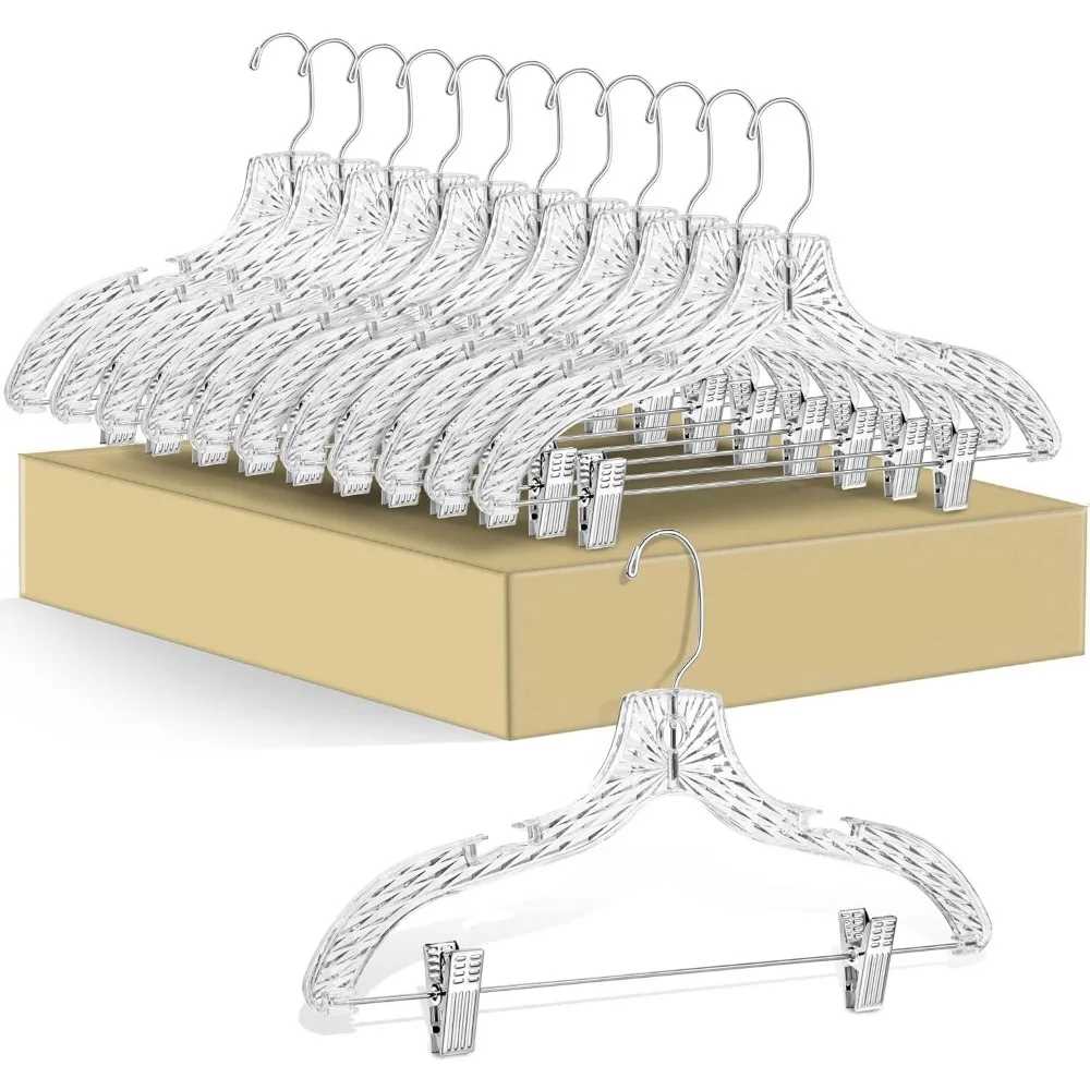 

Quality Clear Plastic Skirt Hangers - 12 Pack Crystal Cut for Skirt, Pant, Dress, Suit, Coat Hangers Heavy Duty & Nonslip Design