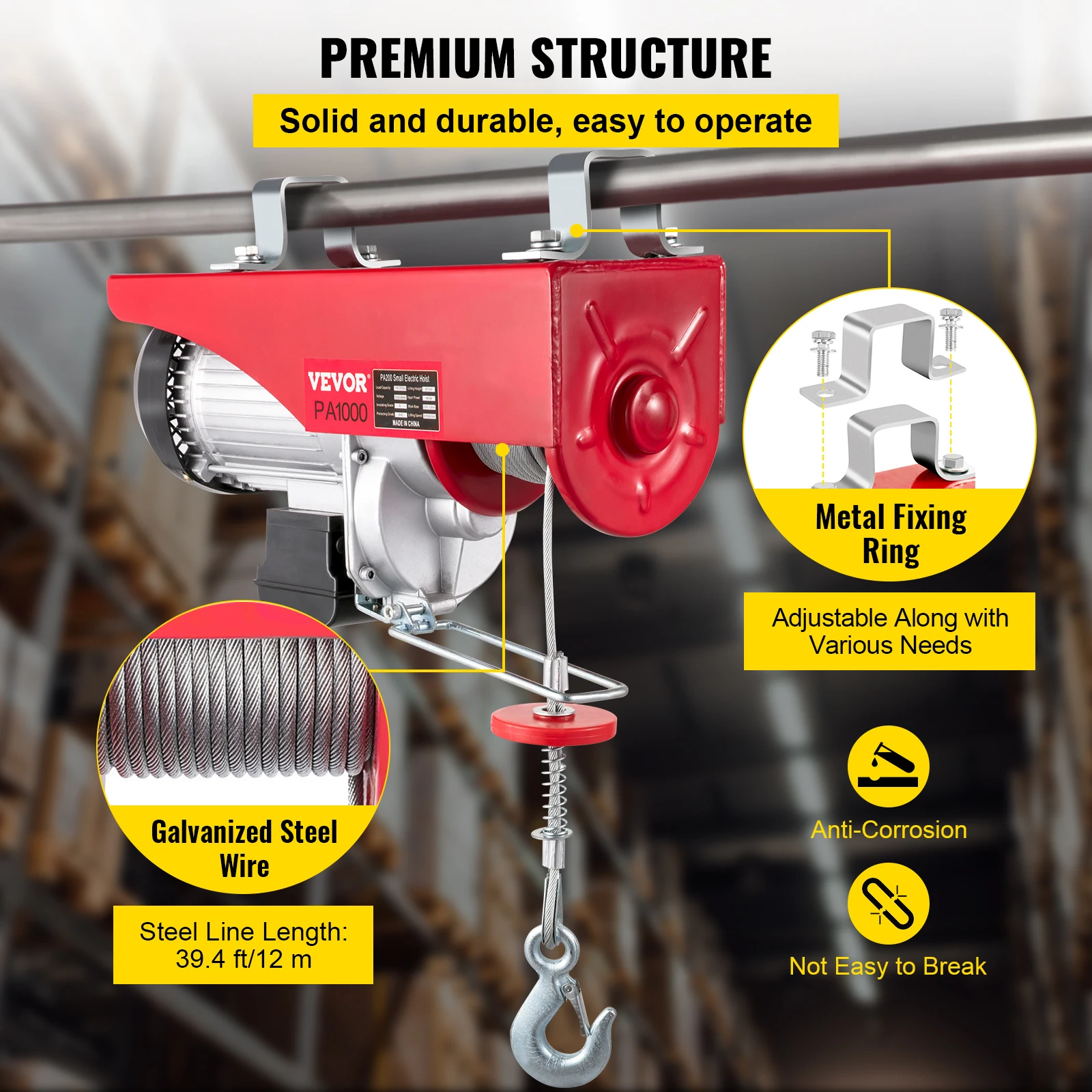 VEVOR Strumento di Sollevamento Elettrico, 1800 W 220 V PA1000 Sollevamento Paranco Elettrico in Ghisa e Alluminio per Sollevare Oggetti di Forma Regolare o Irregolare Come Pietre, Alberi, Falciatrici
