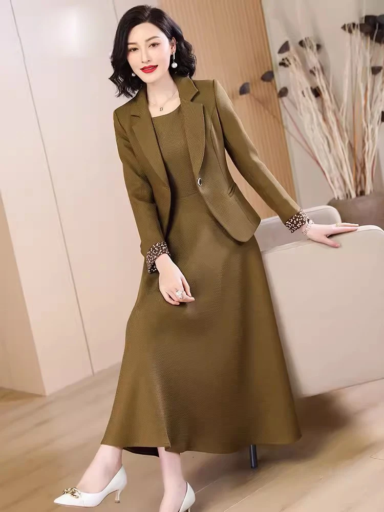 New Women Elegant Office Lady Dress Suits Spring Autumn Fashion Single Button Slim Blazer and O-Neck Sleeveless Long Dress