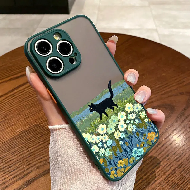 Schwarze Katze Landschaft Handyhülle für iPhone 16 17 Pro Max 15 14 Pro Max Plus 13 12 Mini 11 Pro Max Cartoon stoßfeste Rückseite