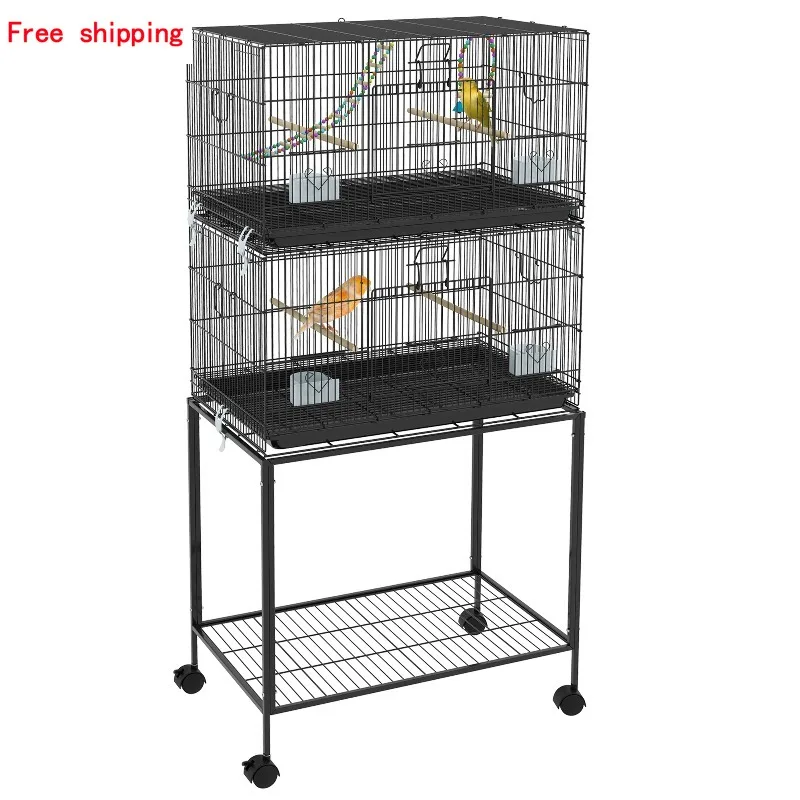 

Stackable Bird Cage 30.25x17.75x64.5 Inch Rolling Double Tier Aviary with Swing Rope Ladder 4 Perches 4 Bowls Wheels Black