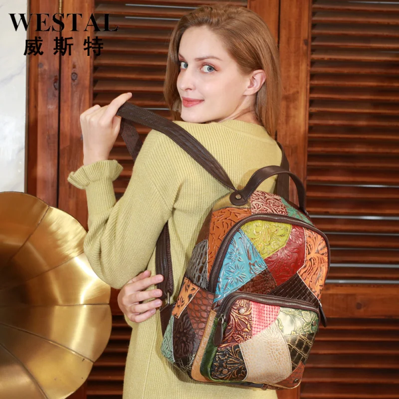 New Women's Bag First Layer Cowhide Embossed Women's Backpack Contrast Color Handmade Genuine Leather Large Capacity Ladies Tren