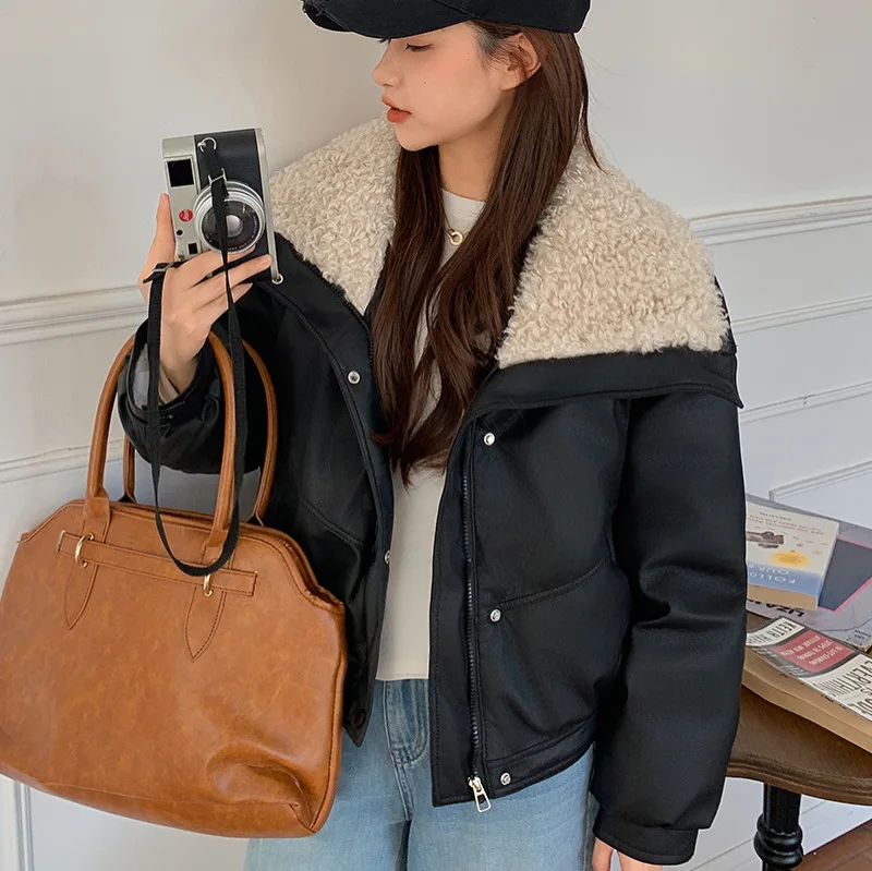 Women Parkas Short Coats Lamb Wool Turn Down Collar Jackets Thick Warm Y2k Streetwear Elegant Work Coat Autumn Winter 2025