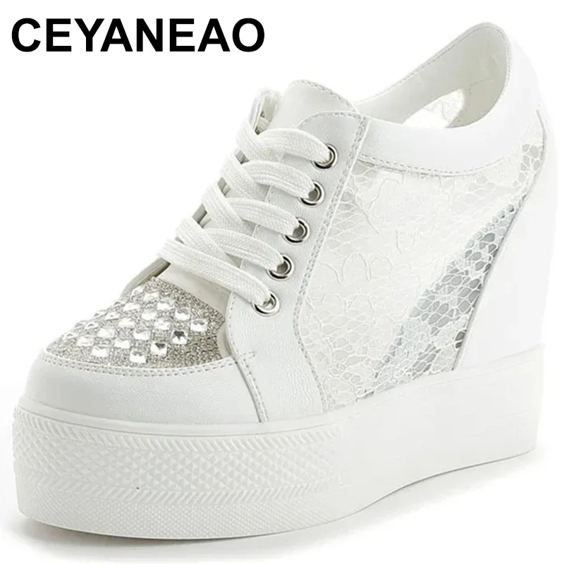 

Women Sneakers Wedding Rhinestone Casual Platform Trainers White Mesh Shoes 11CM Heels Breathable Woman Height Increasing Shoes