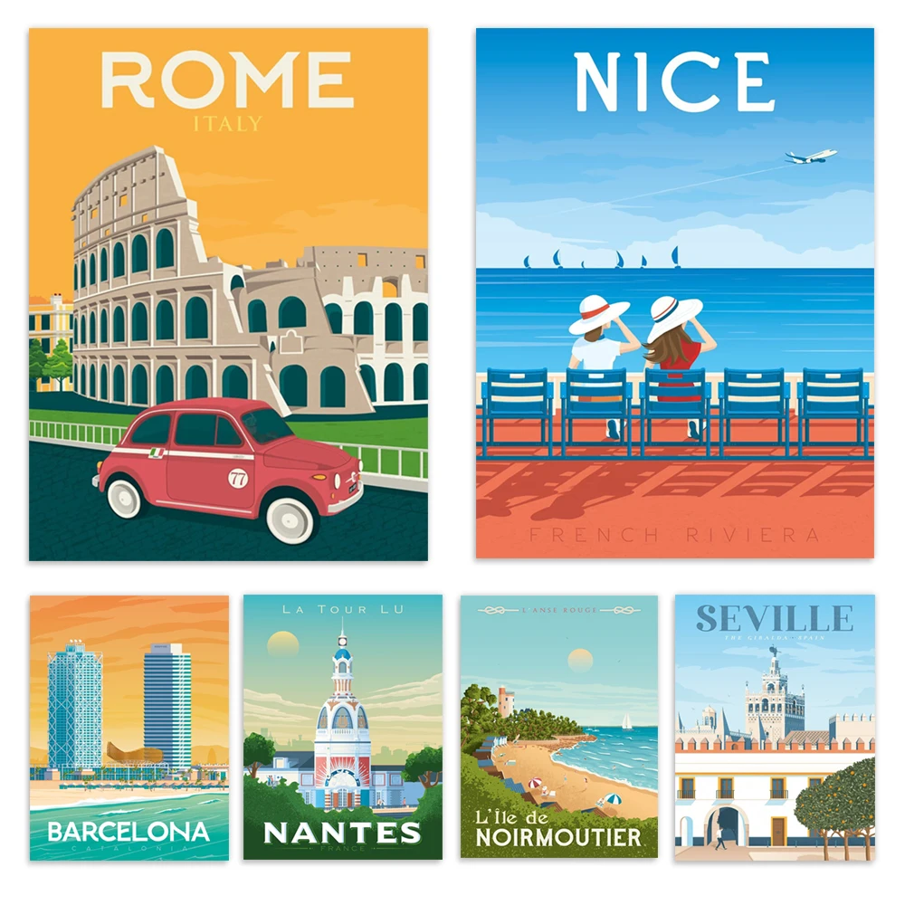 Travel posters for Menton, Nantes, Paris, Valencia, Anglet, Saint-Jean-de-Luz, Madrid, Dubrovnik, Noirmoutier Island, France
