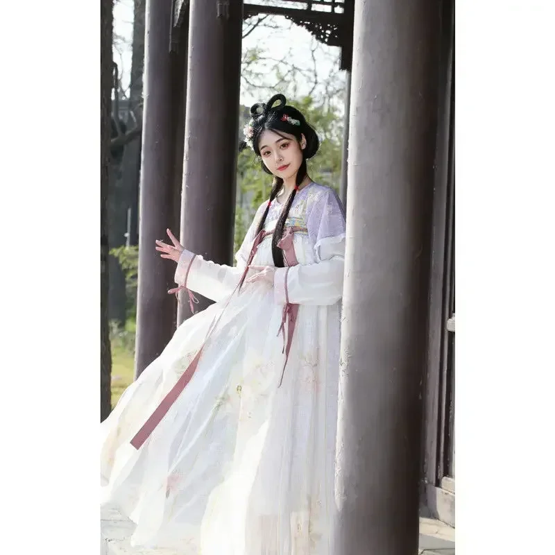 2 Colors Round Neck Tang Dynasty Summer Style Hanfu Dress for Women Tassel Dyeing Gradient Color Aesthetic Full Set