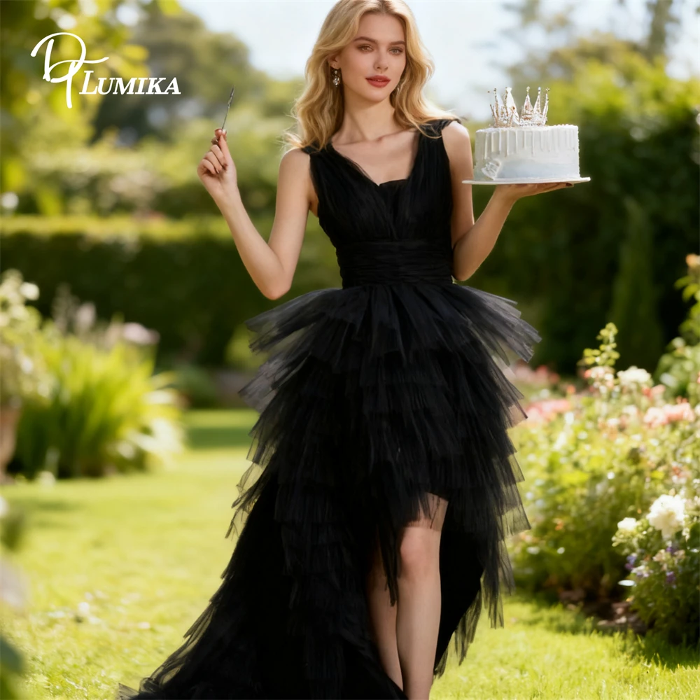 

DTLumika Tiered Maxi Tulle Dress for Women, Tank Sleeves V neck High Low Coming of Age Birthday Party Gown