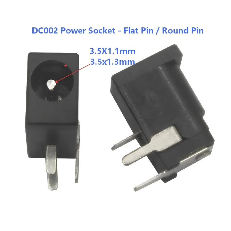100Pcs DC002  DC Power Jack Socket Connector  High Quality 0.3A 50V Black 3.5*1.1mm 3.5X1.3MM Flat Pin / Round Pin