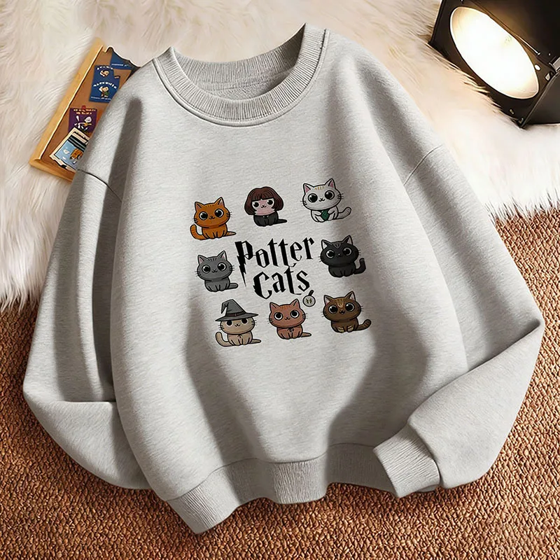 Niedlicher Kinder-Sweatshirt-Pullover, Frühlings-Hoodie mit Potter-Katzen-Grafikdruck, Rundhalsausschnitt, für Jungen/Mädchen
