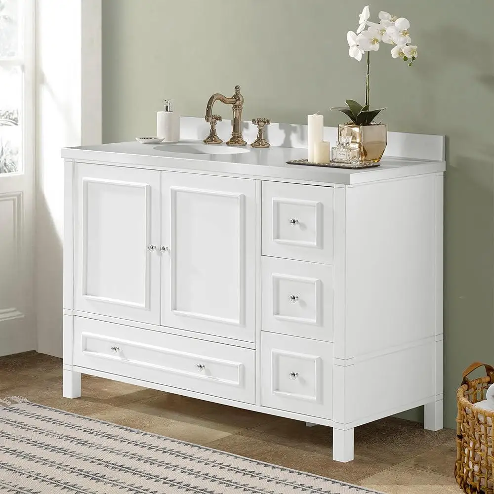 Armoire de vanité de salle de bain de 48 pouces, portes à fermeture douce, niveleurs réglables, rangement polyvalent, grands tiroirs, Construction en bois massif