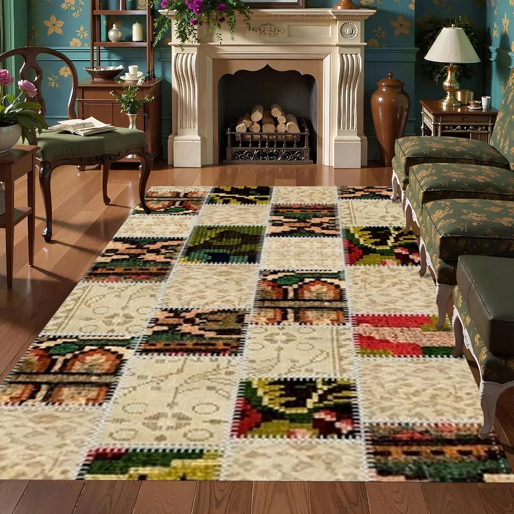 Ethnic Style Patchwork Grid Carpet Creative Farmhouse Porch Doormat Warm Living Room Bedroom Decoration Rug