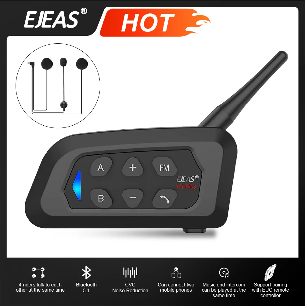 

EJEAS V4 Plus Гарнитура для мотоциклетного шлема Домофон Bluetooth Беспроводная IP65 Водонепроницаемая FM-радио, групповое разговоры для 4 гонщиков 1500 м