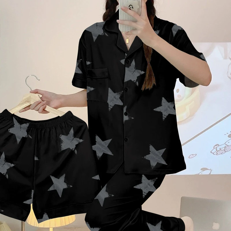 Summer Women's Pajamas Women Pajama Sets Imitation Cotton Short Sleeve Star Printed Fashion Sleepwear 3 Piece Set Home Clothes