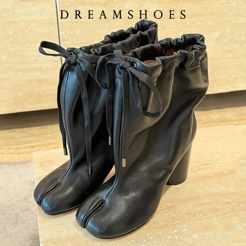 

2024, роскошные дизайнерские туфли с разделенным носком, женские осенне-зимние ботильоны таби с воздушным шаром для женщин, брендовые ботильоны на массивном каблуке со шнуровкой