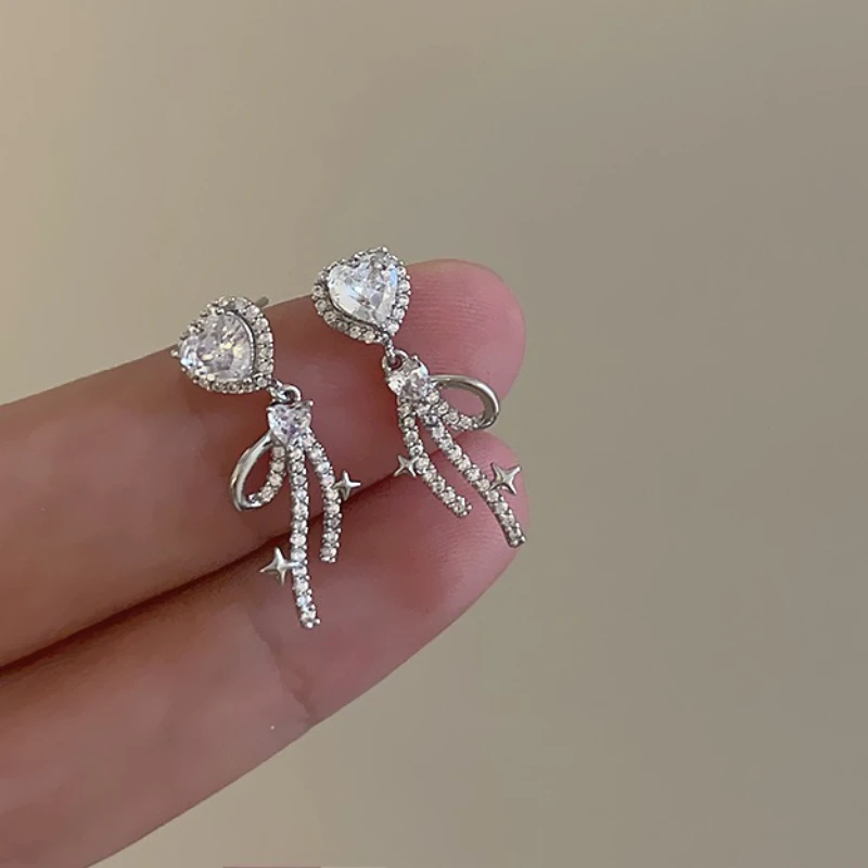 

Luxury Full Zircon Heart Bow Tassel Stud Earrings for Women 925 Silver Needle Dangle Earrings Party Jewelry Birthday Gift