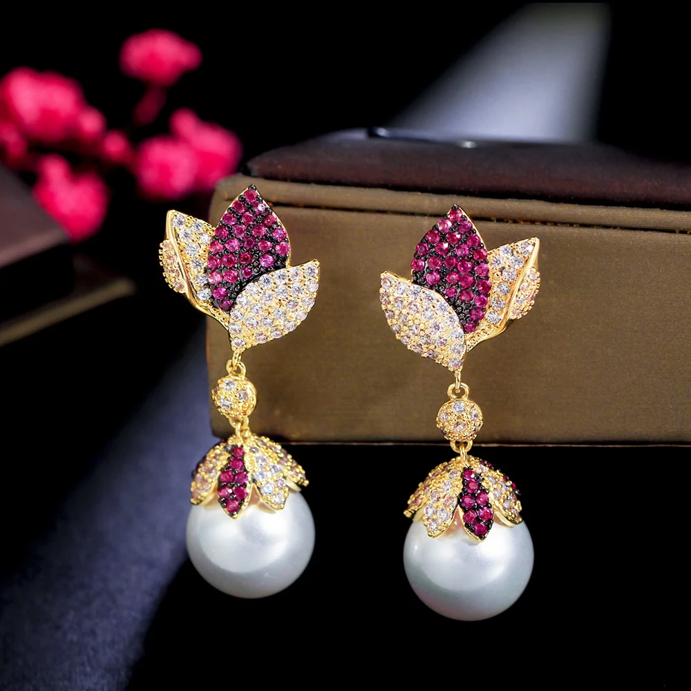 CWWZircons Elegant Charming Red Cubic Zircon Stone Setting Leaf Drop Long Pearl Earrings for Women Engagement Party Gifts CZ462