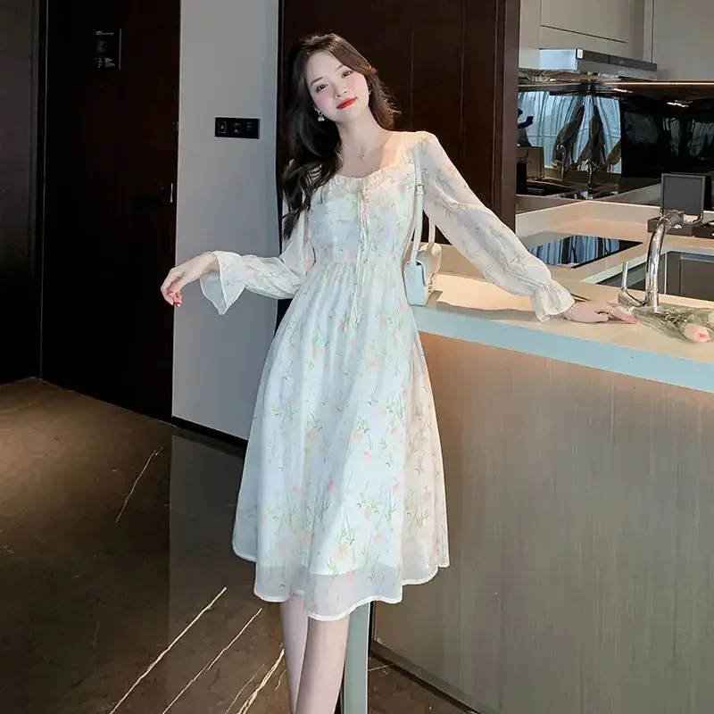 Midi Dresses for Women Chiffon Splicing Fashion Summer 2025 Woman Long Sleeve Dress Aesthetic Korean High Quality Luxury Loose X