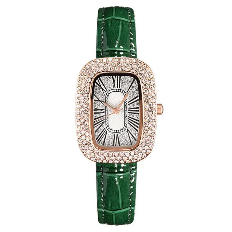 1pc Ladies Full Star Pigeon Egg Watch Fashionable Full Diamond Belt Quartz Watch Green