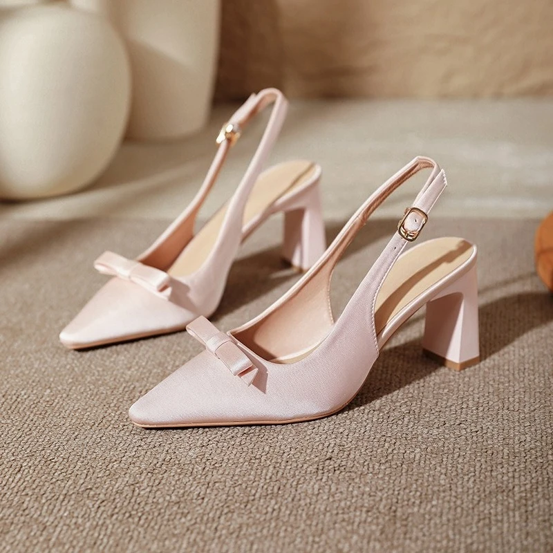 

Women Satin Slingback Sandals Block High Heels Pointed Toe Bowknot Pumps 2025 Summer Elegant Wedding Party Dress Shoes Pink
