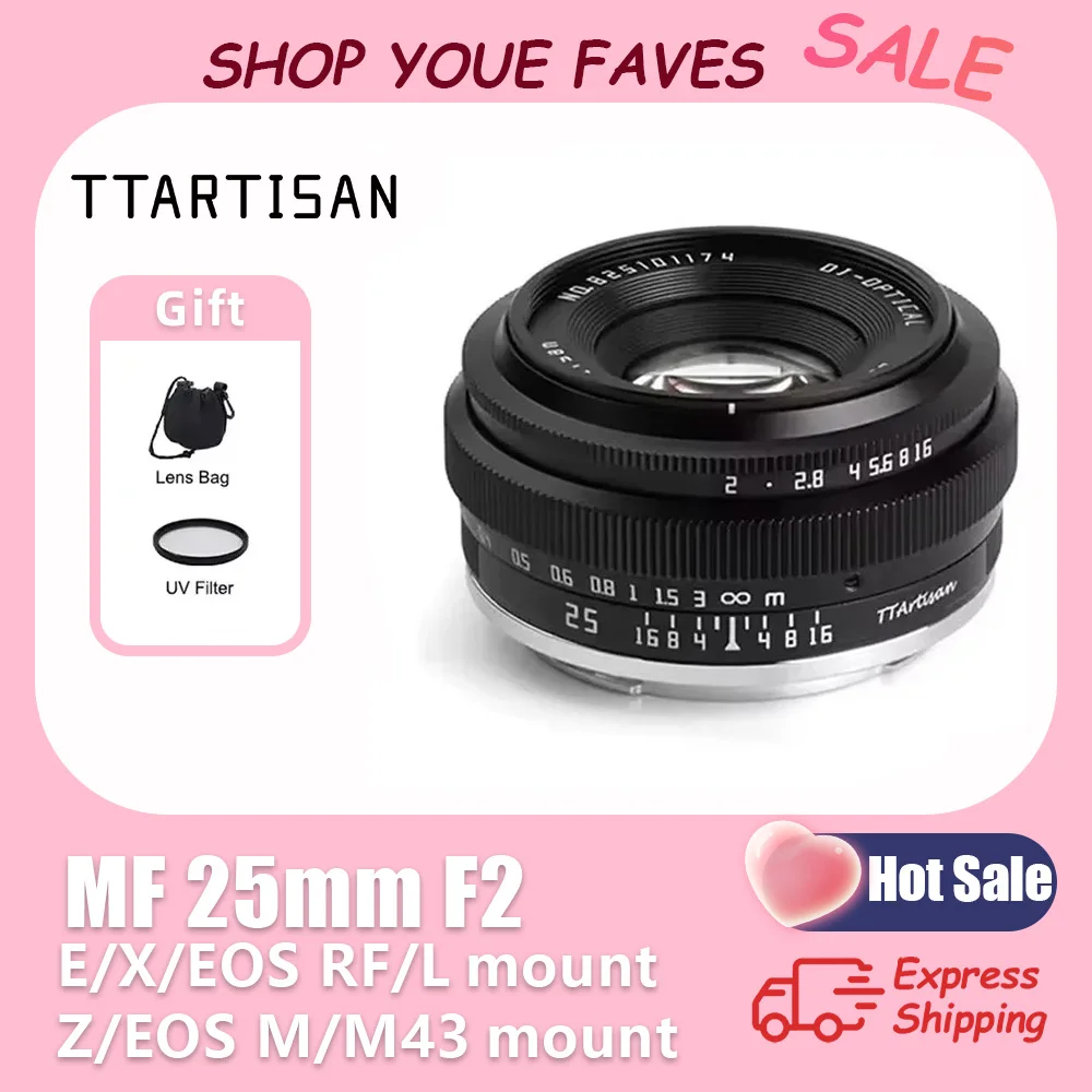 

TTArtisan 25mm F2 MF Mirrorless Camera Lens for Canon RF Nikon Z Sony E Fujifilm XF Panasonic Olympus M43 xt10 xt5 a6400 a6300