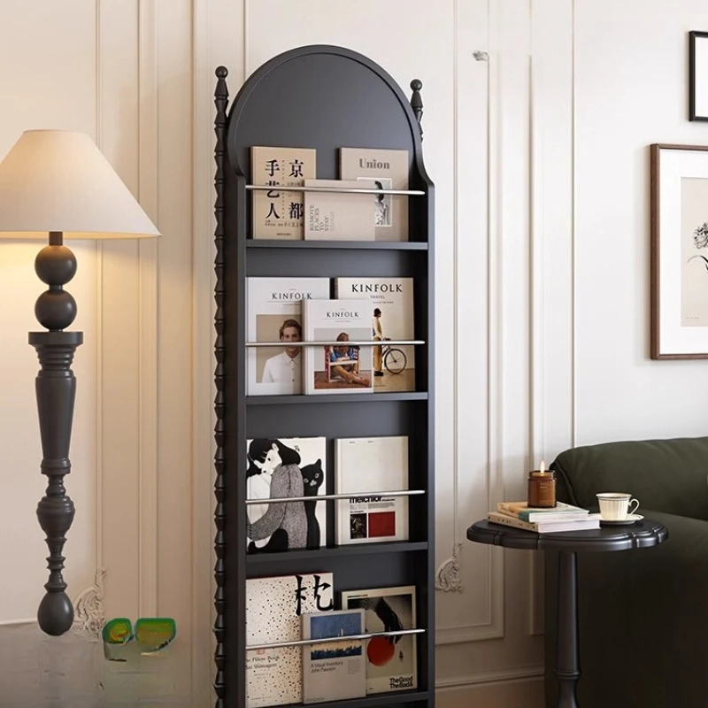 

French retro book and newspaper rack floor-to-ceiling movable household solid wood multi-functional shelf full-length