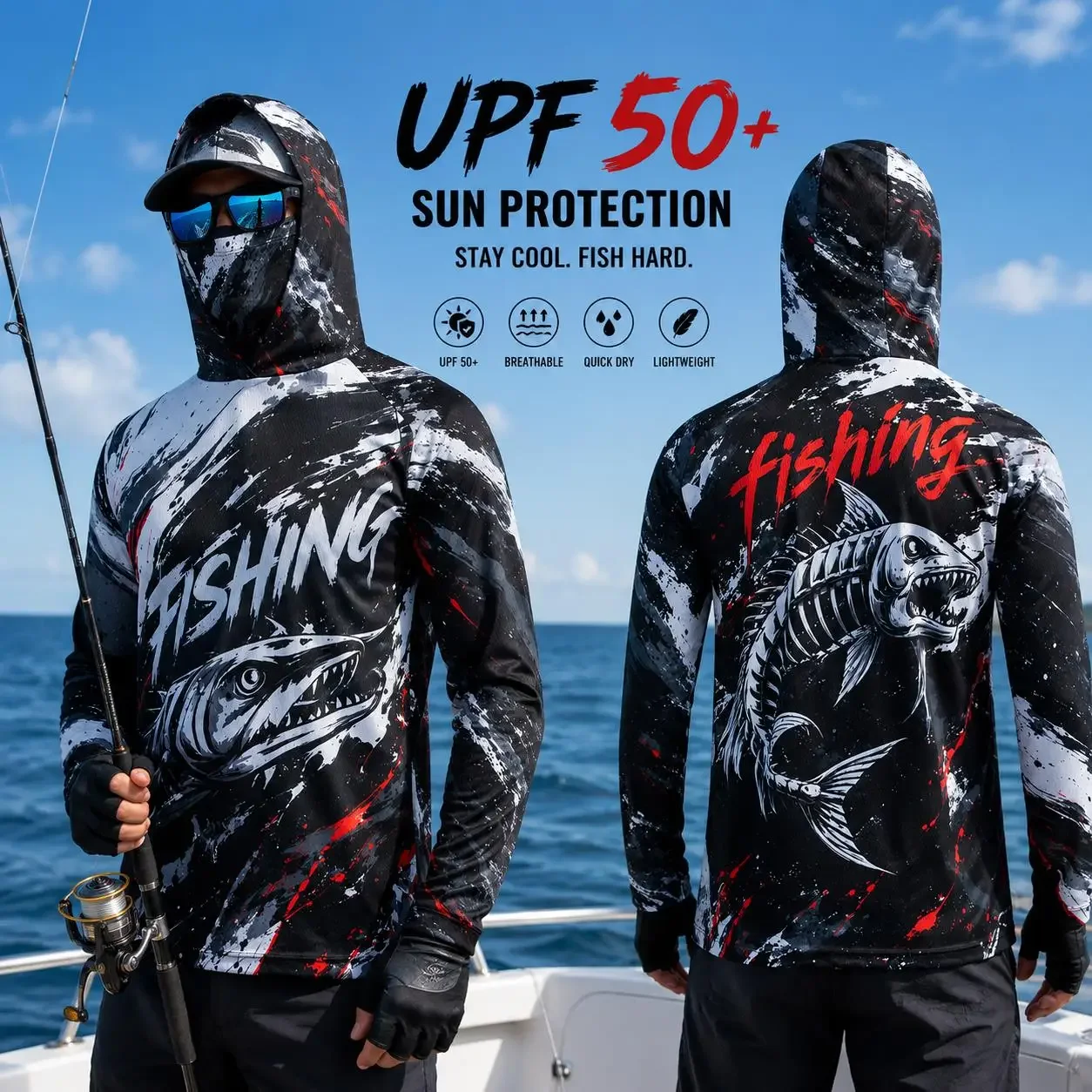 Fishing Hoodie Men Polyester 3D Printed Bass UPF50 Hooded Gaiter Quick Dry Long Sleeve Summer Outdoor Tee Breathable Lightweight