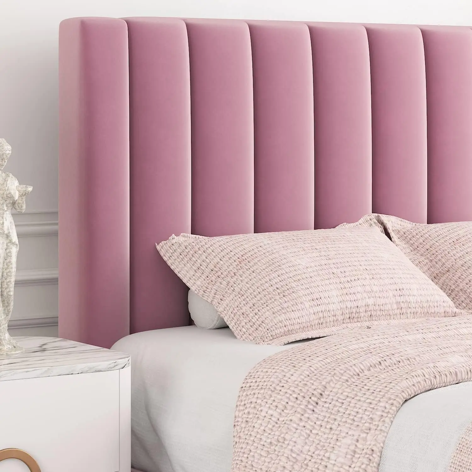 Queen Bed Frame/Velvet Upholstered Bed Frame with Vertical Channel Tufted Headboard/Strong Wooden Slats