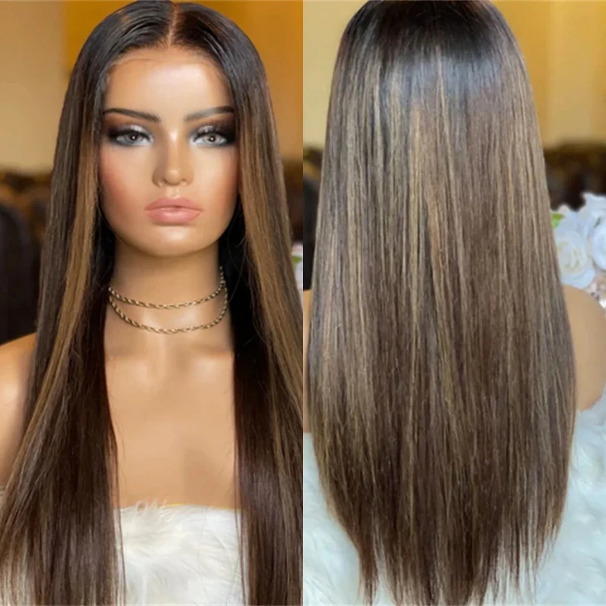 Long Natural Straight Glueless Wigs Synthetic Hair Middle Parting 22 Inches Realistic Look Hairline 13*4 HD Transparent Lace Wig
