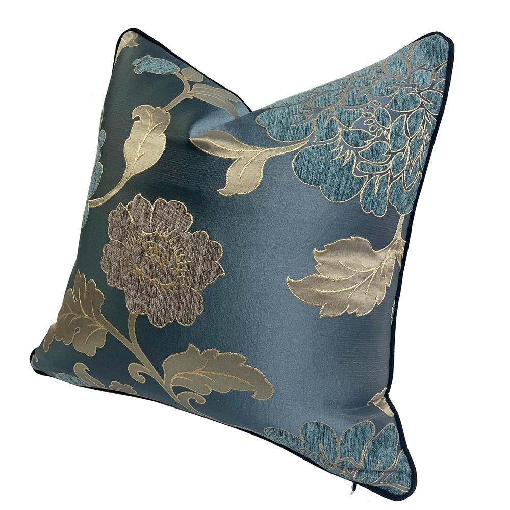 Vintage Floral Blue Woven Chenille Decorative Pillow Case 45x45cm Classic Sofa Chair Home Floor Furnishings 1 Piece Pack