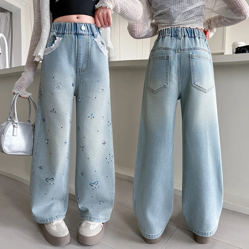 

Kids High Fashion Street Jeans With Rhinestone for Girl Streetwear Colored Crystal Denim Pants Child Lace Pocket Jeans Trousers