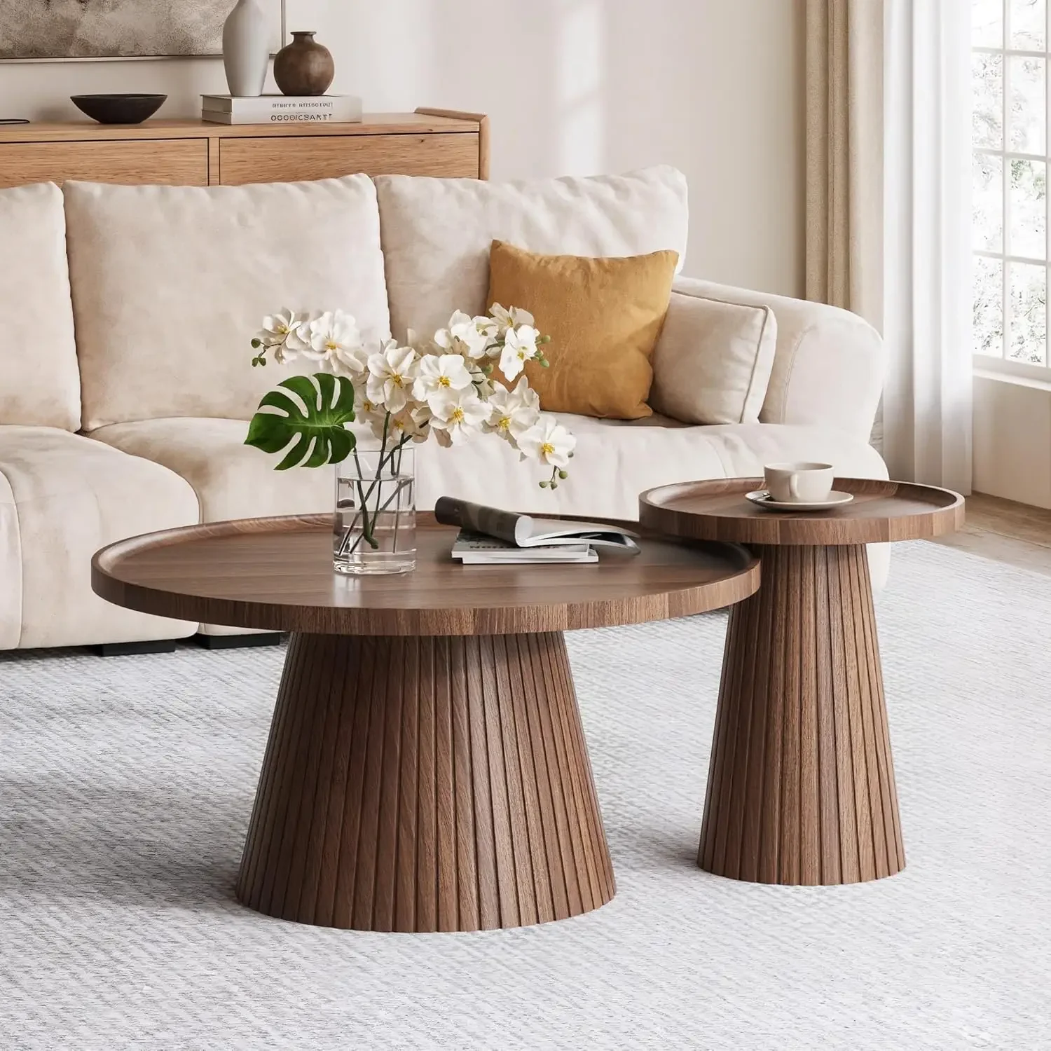 

win2win Nesting Coffee Table Set of 2, Mid Century Modern Coffee Table with Wood Grain Veneer, Fluted Round Tea Table and End Ta
