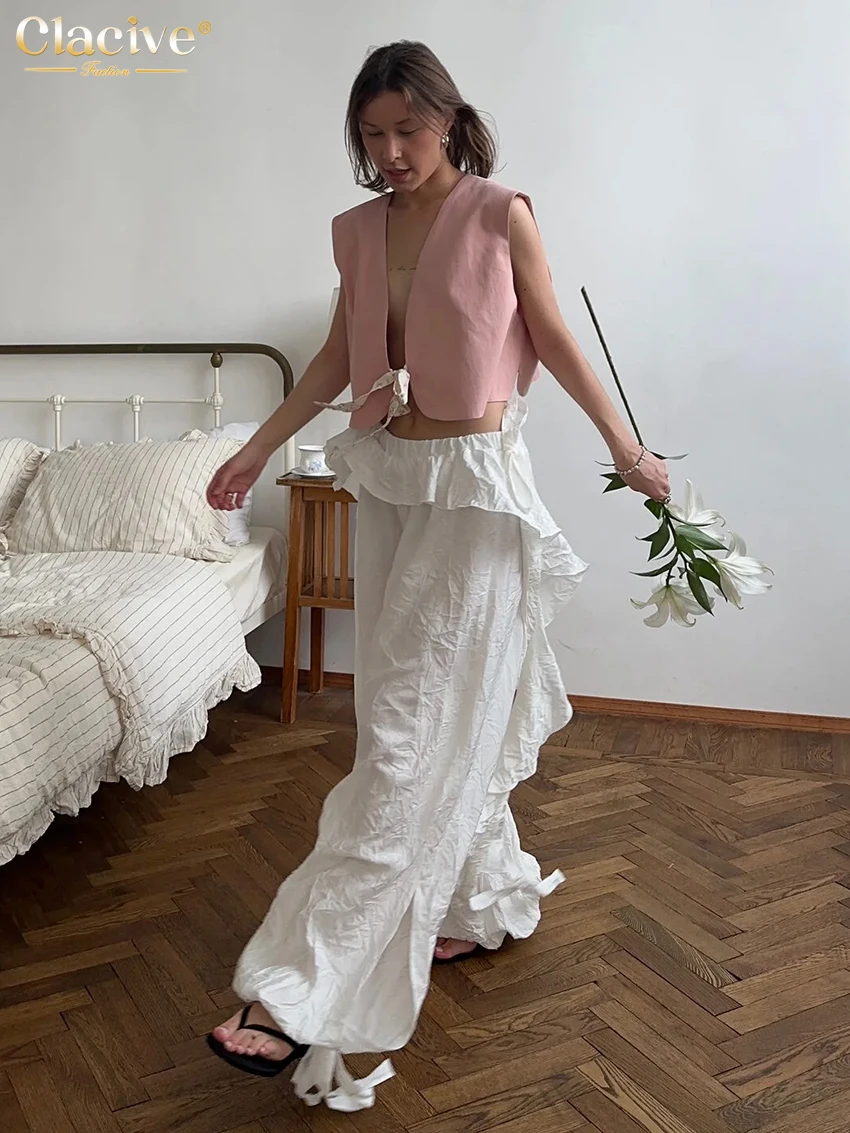 Clacive Fashion Loose Blue Women Pants 2025 Casual High Waist Wide Trousers Elegant Classic Solid Ruffles Pants Female Clothing
