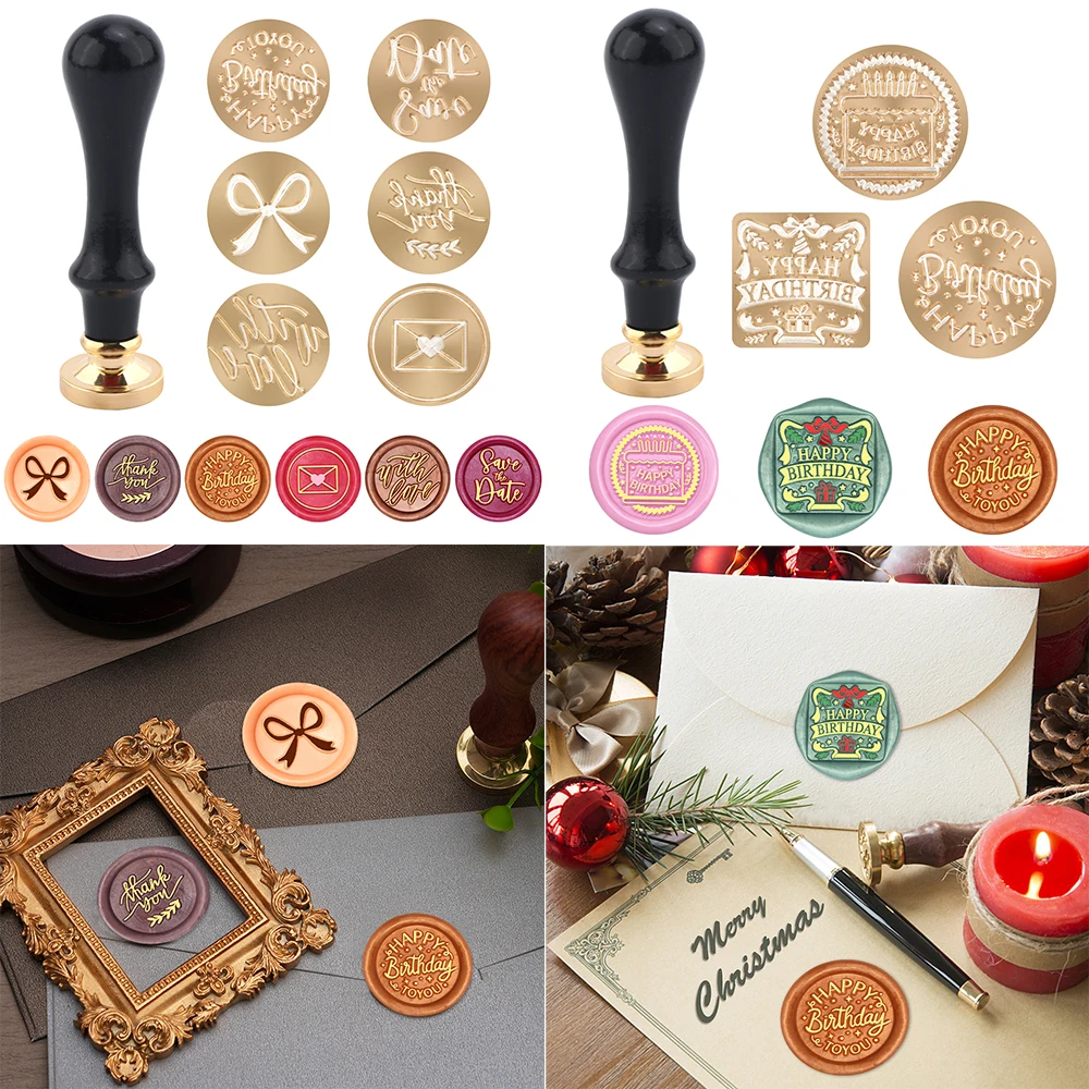 Wax Seal Stamps Kit Happy Birthday Common Phrase Brass Head with Wooden Handle for Diy Scrapbooking Greeting Card Decor Craft