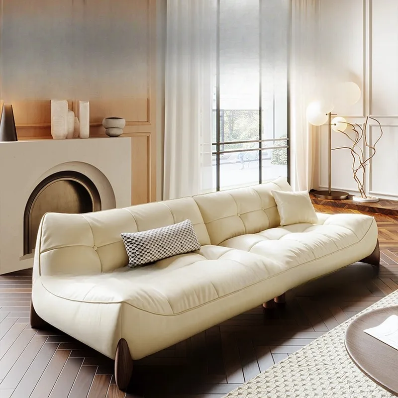 

Cream style leather sofa white first layer cowhide living room modern simple creative small apartment straight row sofa