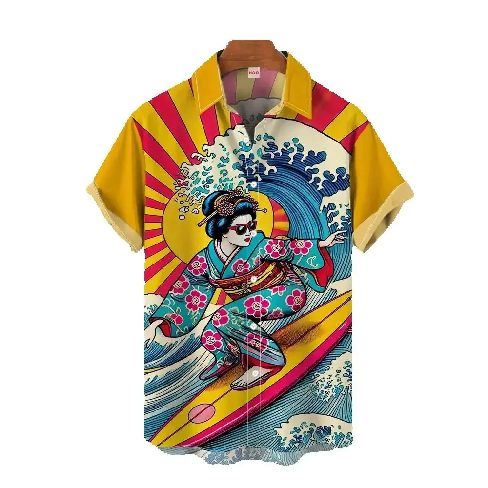 Japanese Geisha Print Shirt For Men Short Sleeve Tops Summer Casual Hawaiian Shirts Men Lapel T-Shirt Oversized Men's Shirts Tee