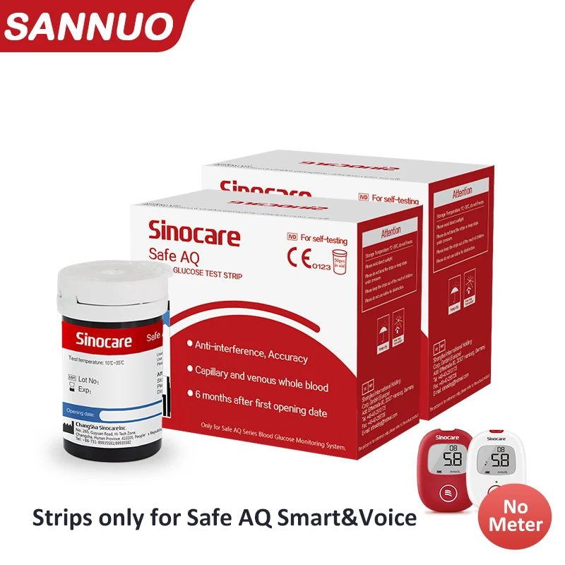 Sannuo-Sinocare Safe AQ Smart Only Test Strips, Free Lancets Agulhas, 50, 100, 200, 300, 400, mais tiras, mais desconto