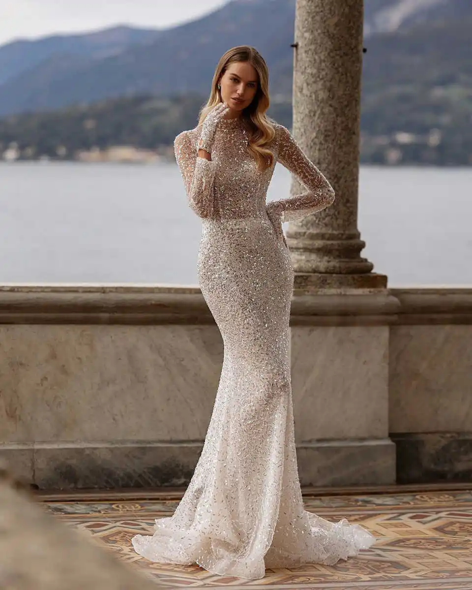 Luxury Mermaid Wedding Dresses Long Sleeve High Neck Shiny Beading Paillette Bride Gowns Sweep Train Vestido De Noiva Customized