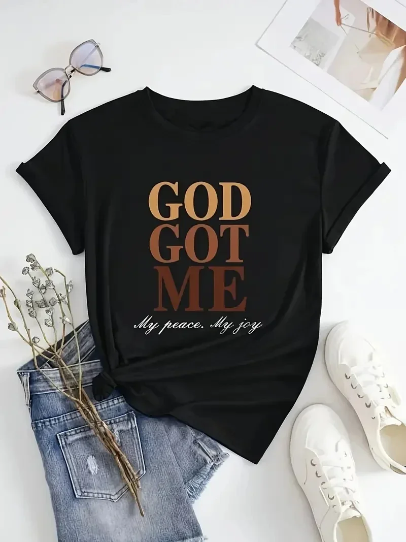 God Got Me Letter Print T Shirt Casual Fashion Short Sleeve Top Polyester Round Neck Spring Summer Clothing