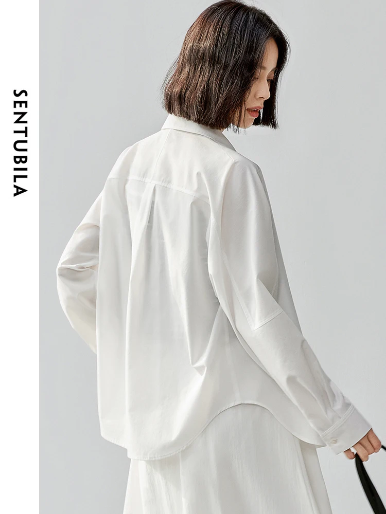 SENTUBILA White Letter Embroidered Cotton Shirt Women 2024 Autumn Casual Loose Long Sleeve Basic Simple Women Blouse 143C56139