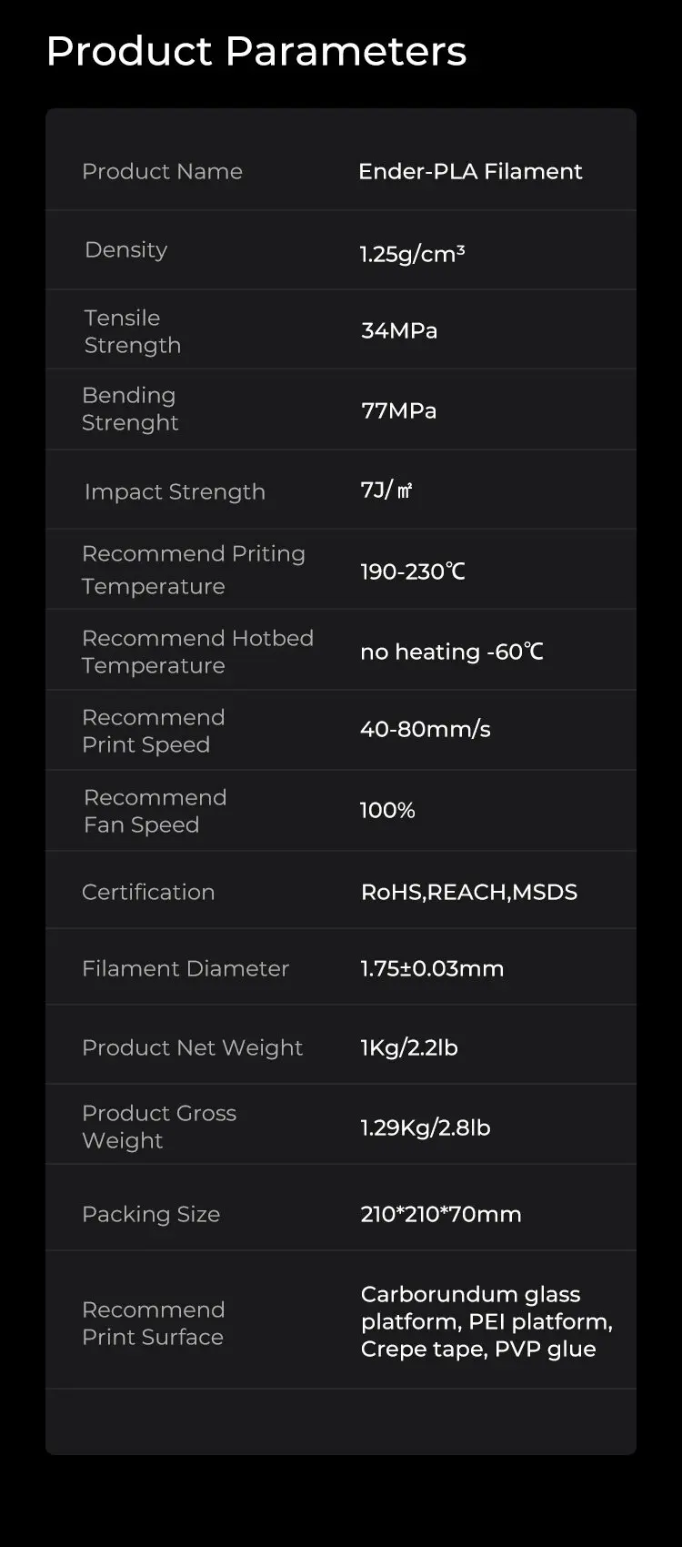Creality Ender PLA Filament 3D 1.75mm 1KG Printing Plastic PLA Material For FDM 3D Printers Ender-3 V2 V3 SE KE S1 Ender 3 Serie